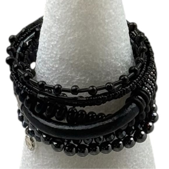 Black Beaded Bracelet Set Mixed Media Stretch Faux Leather Layered - Picture 3 of 7